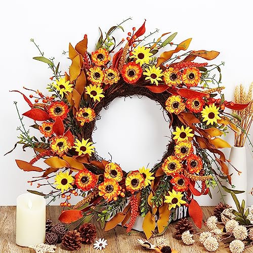 20 Artificial Fall Floral Wreath Orange Daisy Autumn Wreath Wildflowers Wreath for Front Door Wall Window Farmhouse Indoor Outdoor Decoration Thanksgiving Harvest Festival Celebration