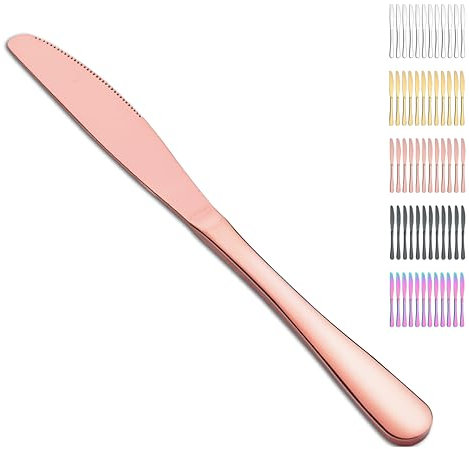 Evanda Cuchillos de mesa de oro rosa 12 piezas, chapado en titanio de oro rosa de acero inoxidable cuchillos de carne Set, cuchillo de mantequilla cuchillos Set Cubiertos Set, lavavajillas safe.