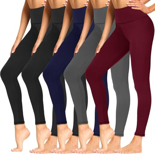 Sundwudu 5er-Pack Leggings mit Taschen für Damen, Bauchkontrolle, hohe Taille, weich, schwarz, Workout-Yogahose, 9 - Schwarz x 2 + Grau + Marineblau + Weinrot, XX-Large