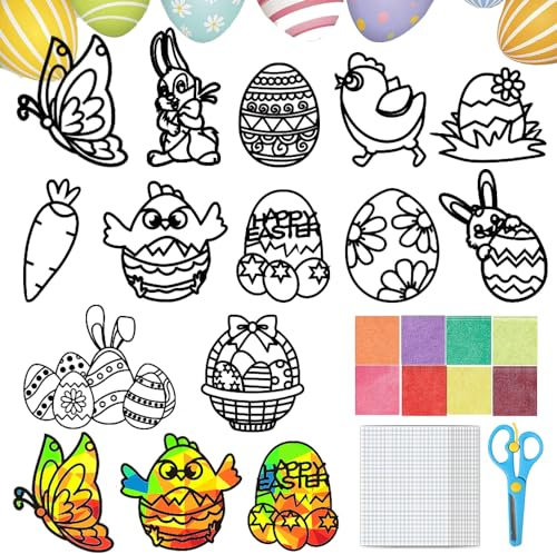 Ostern Basteln Kinder Fenster,12 Stück Fensterbilder Ostern Bastelset,Ostern Fensterdeko,Sonnenfänger Bastelset Ostern,Bastelvorlagen Fensterbilder Ostern,DIY Bastelset Ostern Kinder Geschenk