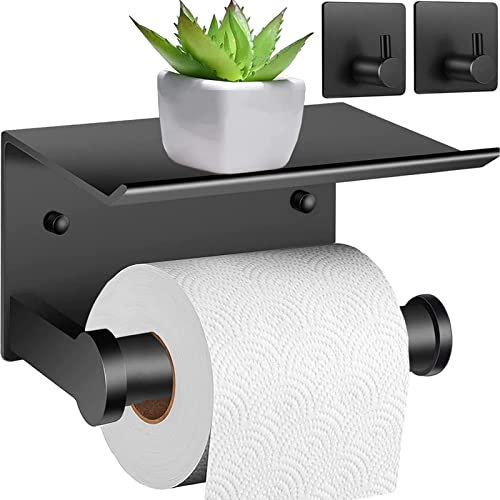 Toilettenpapierhalter Ohne Bohren, Selbstklebend Klopapierhalter mit 2 Stück Handtuchhaken, Klorollenhalter für Küche und Badzimmer Schwarz
