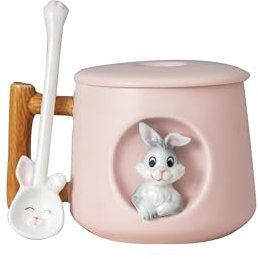 DIHOclub Adorable 3D Ceramic Rabbit Mug with Lid and Spoon Perfect for Coffee, Tea, Milk, and More - Ideal Gift for Bunny Lovers - 14 Ounces (Pink)