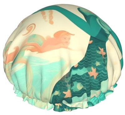MyPiky Retro Mermaid Print Large Shower Caps,Elastic Band Hair Cap,Double Waterproof Layers Bath Hair Hat,For Women Men Kids