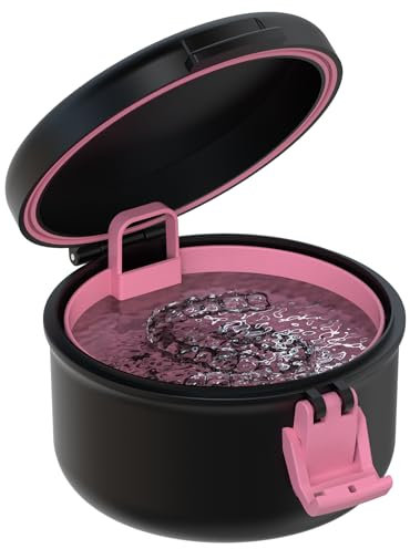 Auslaufsicherer Prothesenbadbecher für Reisen Zahnersatzbecher zum Einweichen von Zahnprothesen Retainer-Reinigungskoffer mit Sieb (Schwarz + Rosa)