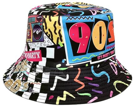 MILAKOO 90er Jahre Eimer Hut für Männer Frauen lustig Retro Party Hut Vintage Print Fischer Hut Unisex Reversible Portable Hut für Disco Hip hop Outdoor