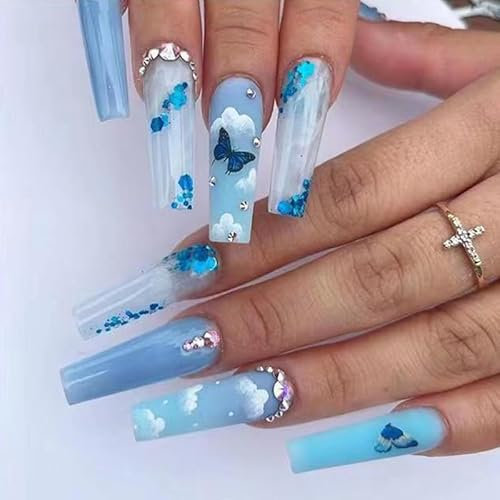 Mgmxbsth 24Pcs Press on Nails Long, Bule Hand Drawn Nails Glossy Fake Nails, Glue on Nails Square False Nails with Designs Stick on Nails for Women (Bule Sky Butterfly)