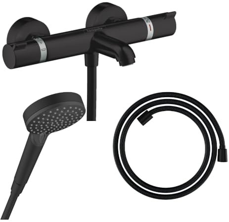 Hansgrohe Pack mitigeur Bain Douche thermostatique Ecostat Comfort + Flexible Designflex + Pommeau Vernis Blend Vario Noir Mat