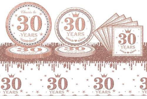 Aisszhao 53Pcs Rose Gold Tableware Set - 30th Birthday Table Cloth, Napkins, 7+9in Paper Plates - Anniversary Decor for Her 30th Birthday Party Supplies