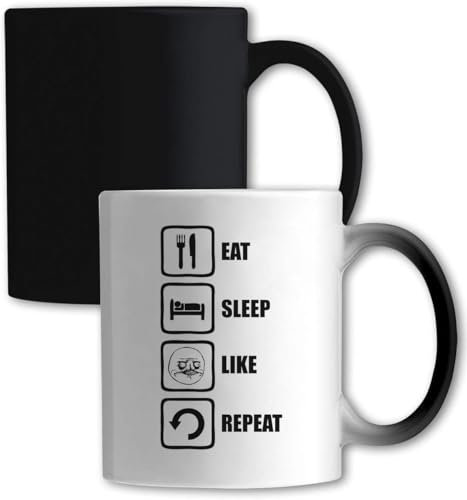 Atspauda Eat Sleep Like Repeat Me Gusta Tasse mit Farbwechsel, Weiß