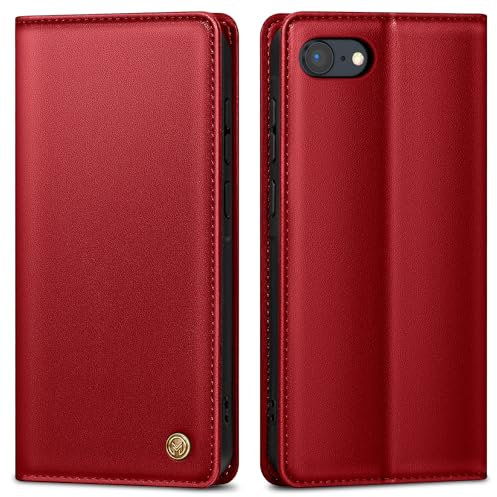 AIMOYU Handyhülle für iPhone SE Hülle,Premium Lederhülle Schutzhülle Tasche für iPhone 7 Hülle Wallet Kartenfach Standfunktion Klappbar Flip Case für iPhone 8 Hülle,Rot