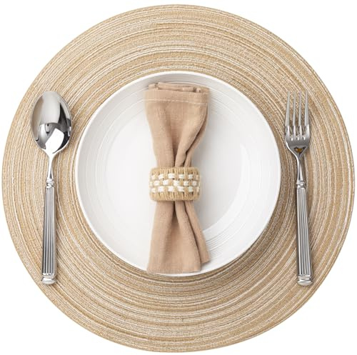 Round Placemats Set of 6 Woven Placemats Washable Braided Table Mats for Dining Table Heat Resistant Non-Slip Circle Place Mats(Beige)