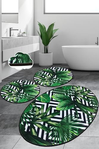 Bosdela Badezimmerteppiche Tropic (3-teilig), 60x100 cm – rutschfest, Weich, Luxuriöses Set, Tropisches Design, Badvorleger für Badezimmer, Dusche, WC