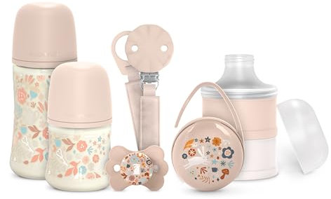 Suavinex, Coffret Cadeau Nouveau-né. Kit Biberons Anti-Coliques 150 ml et 270 ml + Sucette 0/6 Mois avec Tetine Symétrique SX Pro + Doseur Lait + Attache-sucette + Boîte à Tétines. Wonderland Rose
