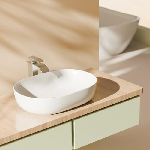 EMKE Lavabo Ovalado de Encimera, 60 x 41 x 13 cm, Blanco, Fácil de Instalar y Limpiar, Resistente a Rayaduras para Baño, Mueble para Baño y Aseo de Invitados