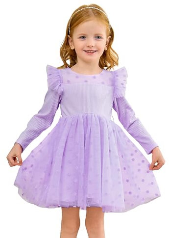 Miipat Fille Robe Tulle Manches Longues Robes Petite Filles Princesse Enfants Jupe à Points de Polka pour Fête Anniversaire Festival de Mariage (Violet 120 5-6 Ans)
