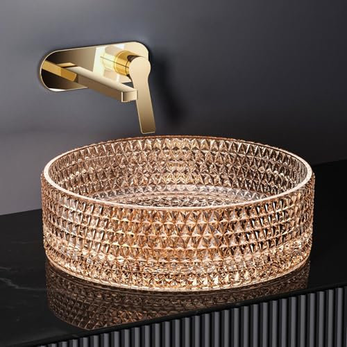 EMKE Lavabo para montar en cristal, lavabo redondo, 360 x 360 x 112 mm, lavabo de para baño y WC de invitados, lavabo en cristal rosa dorado