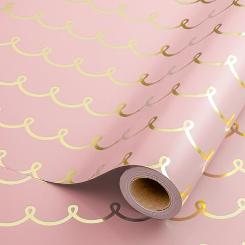 Wikadlik Geschenkpapier, rosa Geschenkpapier, niedliche Goldfolie, Wellenstreifen, Geschenkpapierrolle für Geburtstag, Hochzeit, Valentinstag, Verlobung, Dusche – 43 cm x 10 m