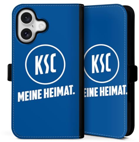 Klapphülle kompatibel mit Apple iPhone 16 Handyhülle aus Kunst Leder schwarz Flip Case Karlsruher SC KSC Statement