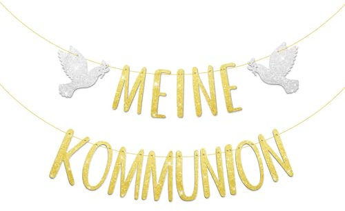 MEJOSER Kommunion Girlande Gold mit Glitzer Banner Kommunion Deko Mädchen Junge Taube zum Aufhängen für Wand Fenster Papiergirlande