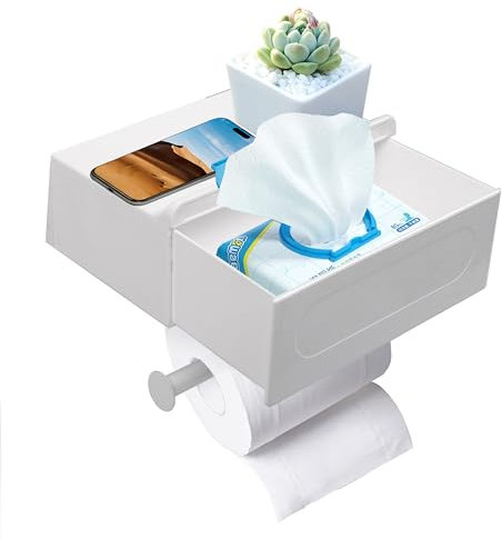 Klopapierhalter ohne Bohren | Toilettenpapierhalter mit Feuchttücherbox, Ablage & Schublade | Edelstahl+ABS | WC Papier Halterung für Klopapier Aufbewahrung (Weiß) | Toilet Paper Holder