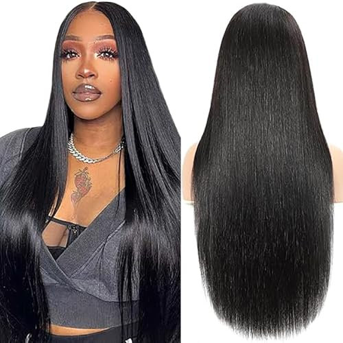 Shoaiye 13x6 Lace Front Echthaar Perücke Damen Straight Human Hair Wig Wear and Go Glueless Remy Pre Plucked Natural Hairline 150% Density Natural Black Color for Woman 16 Inch