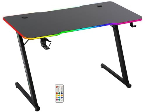 Amstrad DESK120Z-LED-AURORA Bureau Informatique Gamer avec retroéclairage RGB - Largeur 1m20 - Finition Carbone - Télécommande