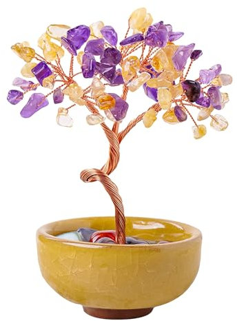Zamety Pierre De Chakra Arbre De Vie,Pierre Naturelle Améthyste Fengshui Tree,Cadeau Parfait d'ornement d'arbre De Cristal,Décoration Porte Bonheur pour Chambre Bureau