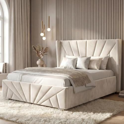 Blisswood Small Double Ottoman Bed – UKFR Upholstered 4ft Storage Bed with Headboard, Gas Lift-Up with Metal Support, Wooden Slats Base, Ideal for Bedroom or Guest Room (120x190cm Beige_No Mattress)