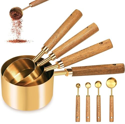 8PCS Stainless Steel Measuring Cups and Spoons Set, Gold Measuring Cups and Spoons with Wooden Handle for Cooking Baking Kitchen Tool.