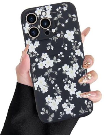 L-FADNUT for iPhone 13 Pro Max Floral Case Compatible with Magsafe,Black | Cute Flower Leaves Magnetic Phone Case for Women Girls, White Floral Camera Protection Shockproof Slim Silicone Bumper Cover