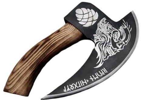 Chigoza Handmade Carbon Steel Pizza Cutter | Viking-Inspired Pizza Slicer with Ash Wood Handle & Leather Wrapping | Norse Rune Design | Durable Blade & Leather Sheath (Charcoal Etched)