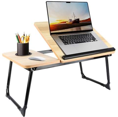 OHMG 2-in-1-Tablett aus Bambus, Betttisch, Laptop, aus Bambus, Tablett für Frühstück im Bett, verstellbare Computerplatte auf klappbaren Füßen, für Bett und Sofa (56 x 33 x 24 cm)