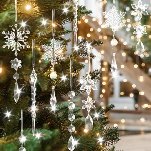 Juego de 10 colgantes acrílicos surtidos de copos de nieve y cristales de hielo, para colgar en el árbol de Navidad, elegantes decoraciones de oficina