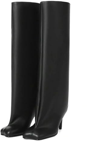 Wnshonzy Stivali alti al ginocchio da donna in finta pelle scamosciata larga polpaccio punta quadrata alto a stiletto gattino tacchi alti coscia lunga autunno stivali pull on moda casual carino Y2K