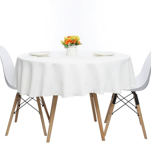 Rund Tischdecke aus Leinenstruktur, einfarbig, Baumwolle-Leinen, strapazierfähiger Stoff, Tischdecke für Esszimmer, Landhaus, Küche, Tischdekoration (180 cm, Elfenbein)