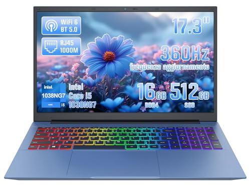 LONGEVINCE Laptop ad Alte Prestazioni con Ampio Schermo da 17,3 Pollici, Core i5-1038NG7, 16GB DDR4, Display IPS FHD, Sblocco con Impronta Digitale,Blu (16+512G)