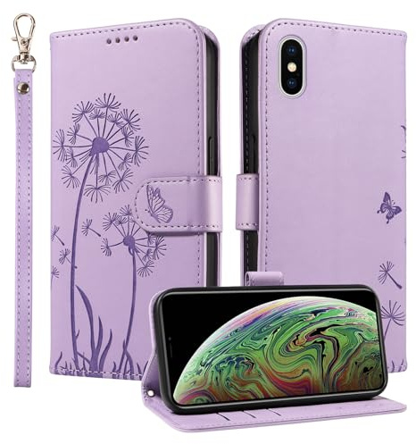 Trugox Wallet Case for Apple iPhone X/iPhone XS Phone Case Leather Dandelion with Credit Card Holder Purse Kickstand Folio Book Folding Flip Case Cover Women Shockproof - Lilac