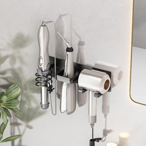 MidingChai Föhn Halterung 3-in-1, Föhnhalterung Bad Ohne Bohren, Aluminium Wandhalterung für Haartrockner, Glätteisen und Lockenstäbe, Universeller Fönhalter mit Steckerhaken