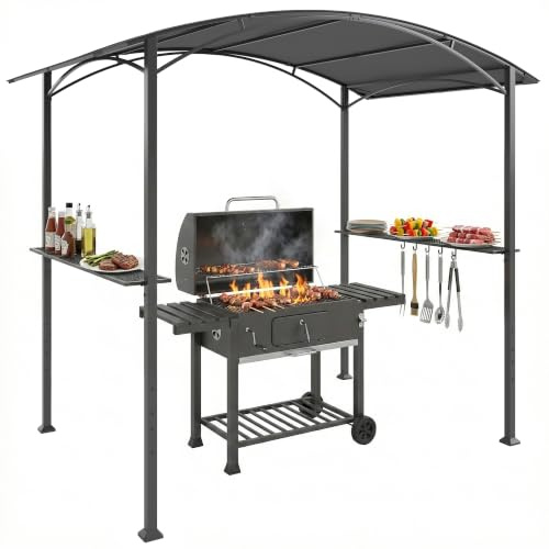 Outsunny Abri pour Barbecue avec Crochets 245 x 152 x 218 cm Gris Foncé | Tonnelle de Jardin, Tonnelle Barbecue Exterieur, en Acier, avec Étagères Latérales, pour Terrasse Jardin Cour