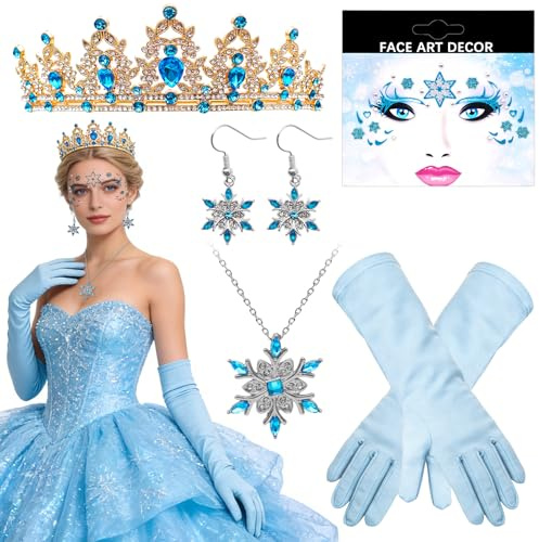 Crunier 6 Pcs Eisprinzessin Set,Damen Krone,Handschuhe,Eiskönigin Temporäre Tattoos,Ohrring,Halskette,Karneval Kostüm Partyzubehör Motto Party,Karneval Fasching Kostüm