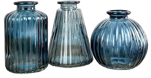 Set of 3 Small Coloured Glass Bud Vases Home Decor Table Shelf Window Sill Mantlepiece Decorations - Blue