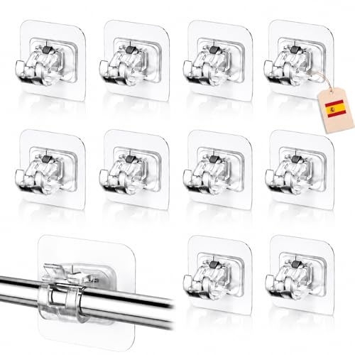 FixaMur – Juego de 10 soportes para barra de cortina sin taladrar transparentes, adhesivo de alto rendimiento sin marca, gancho para cortina sin taladrar para baño, cocina, sala de estar, dormitorio