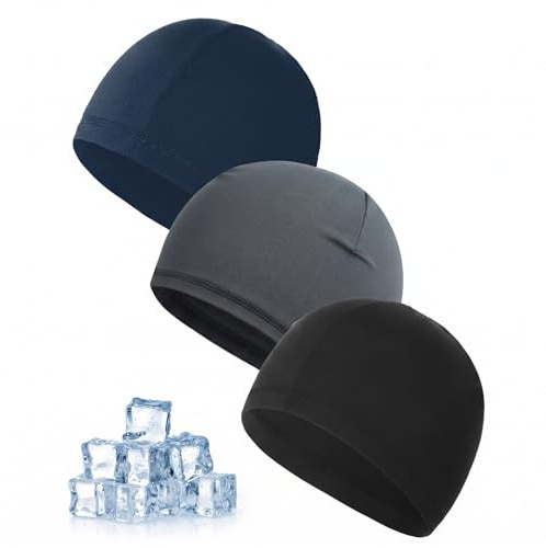 3 Piezas Gorro Sotocasco Moto Verano para Hombre Mujer, Transpirable Seda Helada Skull Cap para Ciclismo, Running y Deporte, Gorra Bajo Casco Absorbente de Sudor, Negro/Azul/Gris