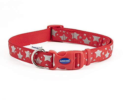 Ancol Fashion Dog Collar Red Reflective Stars Adjustable Nylon Collar for Puppies and Pets - Reflective Star Design with Snap Buckle Fastening - Weatherproof Comfortable Fit for Dogs - Size 45-70cm