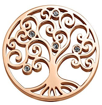 Quiges Rosegold Edelstahl Large Coin 33mm Lebensbaum mit Zirkonia für austauschbare Anhänger Münzfassung Halskette