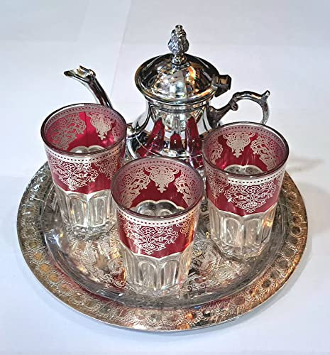 Juego de te marroquí, 3 vasos arabes, tetera de 0,80 ml de acero + un bandeja repujada 25 cm d dmtr.