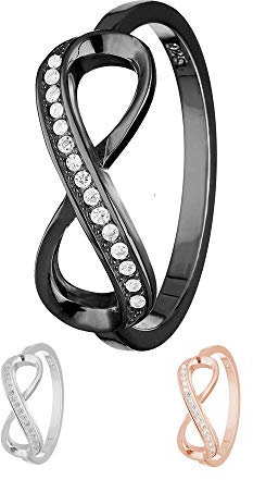 Treuheld® | Ring - Unendlichkeit/Infinity | 925 Sterling Silver | in Schwarz mit Zirkonia - Kristallen | Ringgröße 50 | Breite 2mm | Damen