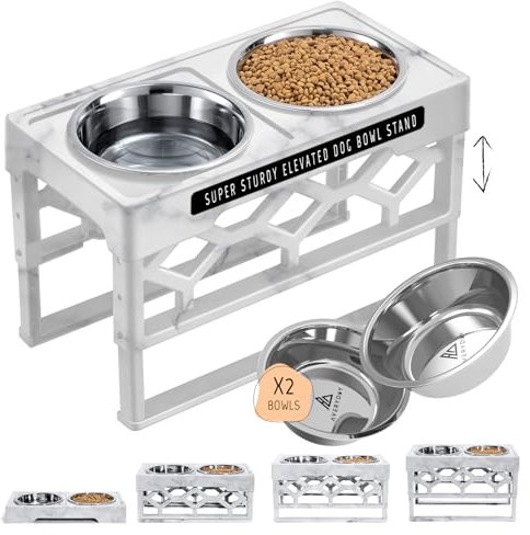 AVERYDAY Large Dog Bowls Elevated, 4 Height Adjustable Raised Dog Bowl Stand with 2 Stainless Steel Food and Water Bowls Set, Tall Dogs Feeding Station with Anti-Slip Base for Medium Large Breeds Dogs