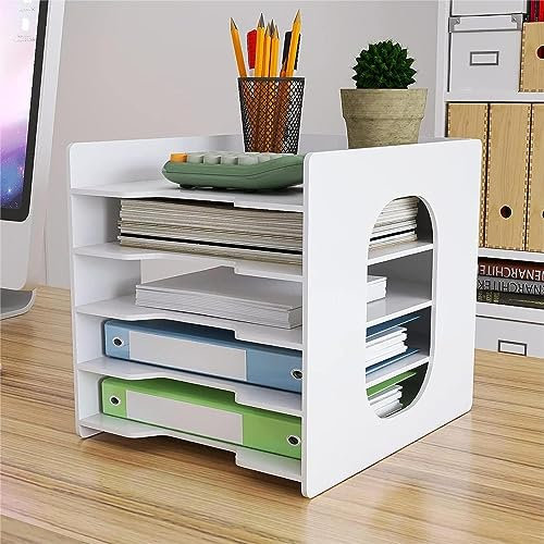PUNCIA 5 Tiers Paper Tray A4 Desk Tidy Organizer Desktop White File Holder Office Mail Letter Tray & Paper Sorter Document Notebooks Storage Rack for Home Office School Classroom