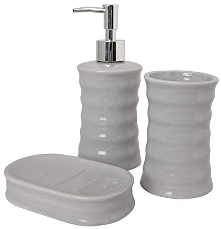 BERILO 3er Set Badezimmer Bad - Seifenspender, Zahnputzbecher, Seifenschale - grau